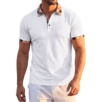 Men's Short Sleeve Golf Polo Shirts with Plaid Collar and Cuffs for Casual Wear
