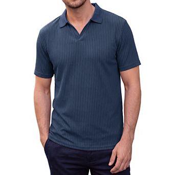 Men's V-Neck Polo Shirt Vertical Striped Short Sleeve Casual