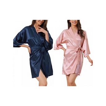 2 Packs Women's Pajama Silk 3/4 Sleeves Tie Waist Floral Satin Robes
