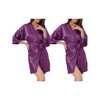 2 Packs Women's Pajama Silk 3/4 Sleeves Tie Waist Floral Satin Robes