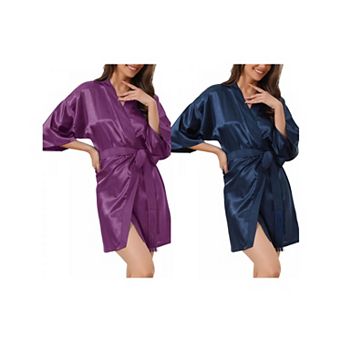 2 Packs Women's Pajama Silk 3/4 Sleeves Tie Waist Floral Satin Robes