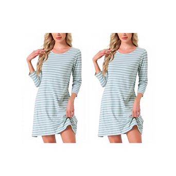 2 Packs Women's Cotton Stripe 3/4 Sleeve Round Neck Midi Contrast Color Soft Sleepdress Nightgown