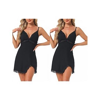 2 Packs Women's Lingerie Sleepdress Lace Split V Neck Spaghetti Strap Sleeve Nightgown Loungewear