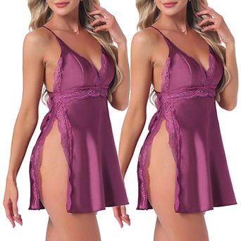 2 Packs Women's Satin Lingerie High Split Side Trim Floral Lace Slepp Dress Silky Nightgown Chemise