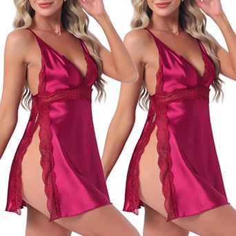 2 Packs Women's Satin Lingerie High Split Side Trim Floral Lace Slepp Dress Silky Nightgown Chemise