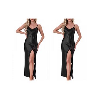 2 Packs Women's Long Satin Nightgown Lace Slit Slip Lingerie for Nightwear Silky Chemise Sleepwear