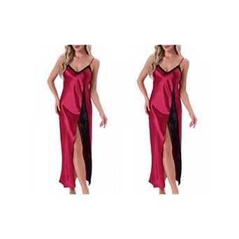 2 Packs Women's Long Satin Nightgown Lace Slit Slip Lingerie for Nightwear Silky Chemise Sleepwear