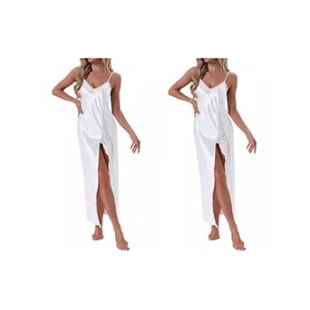 2 Packs Women's Long Satin Nightgown Lace Slit Slip Lingerie for Nightwear Silky Chemise Sleepwear