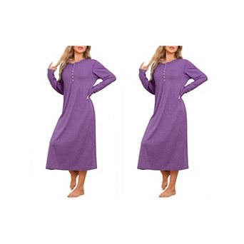 2 Packs Womens Knit Nightgown Scoop Neck Button Down Long Sleeve Long Nightshirt