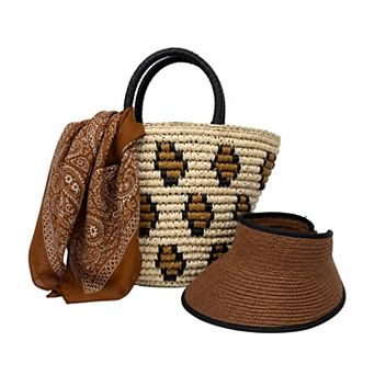 Women's 3 pc Beach Set Straw Tote Bag with Sun Visor Hat & Fashion Scarf