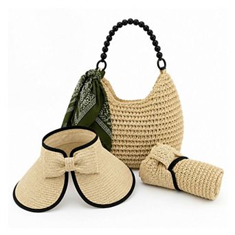 Women's 3 pc Beach Set Straw Tote Bag with Sun Visor Hat & Fashion Scarf