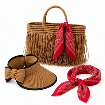 Women's 3 pc Beach Set Straw Tote Bag with Sun Visor Hat & Fashion Scarf