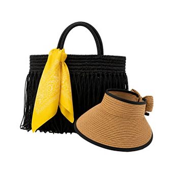 Women's 3 pc Beach Set Straw Tote Bag with Sun Visor Hat & Fashion Scarf