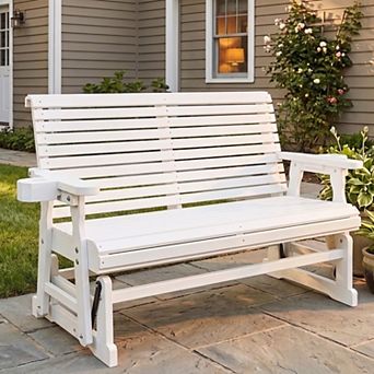 2-Seater Wooden Outdoor Patio Glider Bench with Cup Holders, High Back Porch Chair, 800 lbs