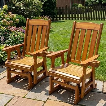 2-Pack Single Wooden Patio Glider Chairs w/ High Back, Deep Contoured Seat