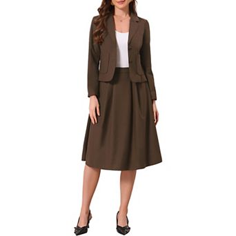 Women's 2 pc Skirt Suit Set Tailored Blazer and Pleated Midi Skirt Elegant Business Office Outfit