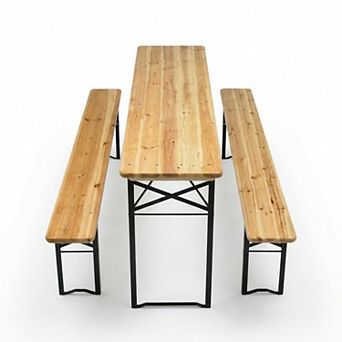 Costway 3 pc Beer Table Bench Set Folding Wooden Top Picnic Table Patio Garden