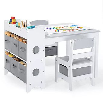 Kinder King Kids Wooden Activity Table & 2 Chairs Set with Storage, Paper Roll & Paint Cups