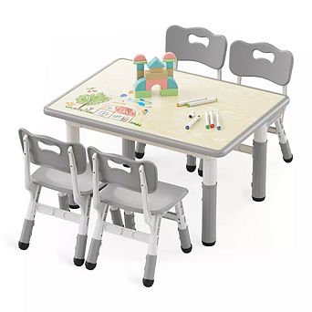 Kinder King Kids Table and 4 Chairs Set, Adjustable Height Activity Table with Easy-Clean Surface