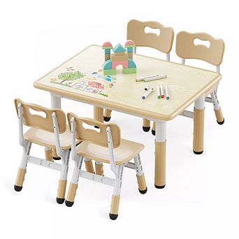 Kinder King Kids Table and 4 Chairs Set, Adjustable Height Activity Table with Easy-Clean Surface