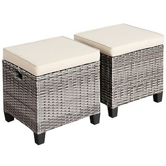 Costway 2 pc Patio Rattan Cushioned Ottoman Seat Foot Rest Table