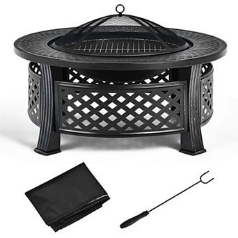 Costway 32'' Round Fire Pit Set W/ Rain Cover BBQ Grill Log Grate Poker