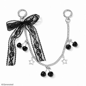 Lace Bow Cherry Bag Chain Charm with Heart Accents and Double Ring Clasps