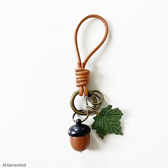Vintage Fruit Bag Charm Keychain with Leather Cord Loop Leaf Accent and Key Rings