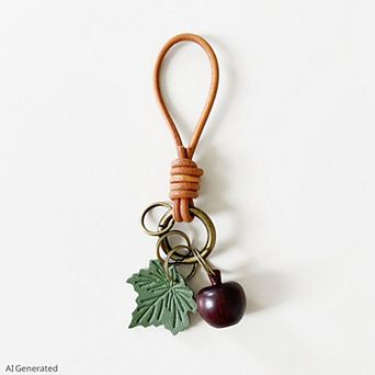 Vintage Fruit Bag Charm Keychain with Leather Cord Loop Leaf Accent and Key Rings