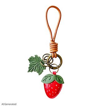 Vintage Fruit Bag Charm Keychain with Leather Cord Loop Leaf Accent and Key Rings