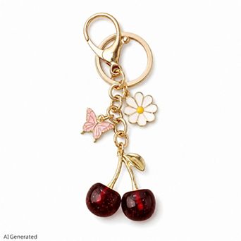 Cherry Bag Charm Keychain with Daisy and Butterfly Accents and Gold-Tone Clip
