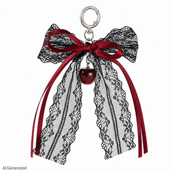 Lace Bow Bag Charm Keychain with Cherry Accent and Metal Ring Clasp