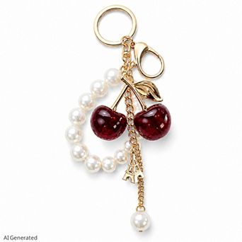 Cherry Bag Charm Keychain with Faux Pearl Loop and Gold-Tone Clips