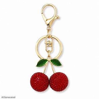Rhinestone Cherry Bag Charm Keychain with Gold-Tone Lobster Clasp