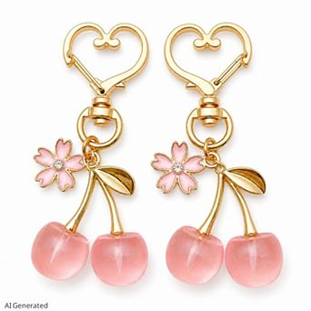 2-Pack Translucent Cherry Bag Charm Keychains with Flower Accents and Gold-Tone Heart Clasps