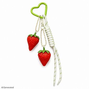 3D Strawberry Bag Charm Keychain with Heart Clasp and Braided Cord Tails