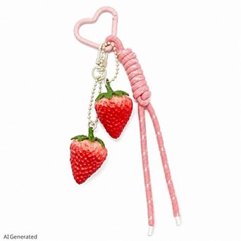3D Strawberry Bag Charm Keychain with Heart Clasp and Braided Cord Tails
