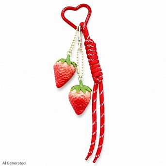 3D Strawberry Bag Charm Keychain with Heart Clasp and Braided Cord Tails