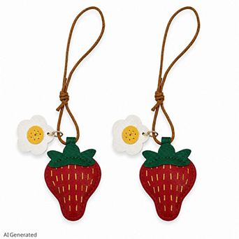2-Pack Stitched Strawberry Bag Charm Keychains with Daisy Accents and Cord Loops