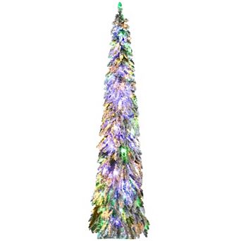 7 Foot Slim Artificial Christmas Tree with Snow Frosted Branches and Multicolor LED Lights