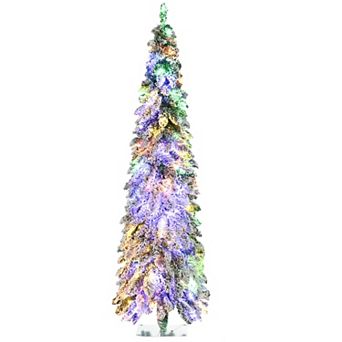 6 Foot Slim Artificial Christmas Tree with Snow Flocked Branches and Warm White Colorful LED Lights