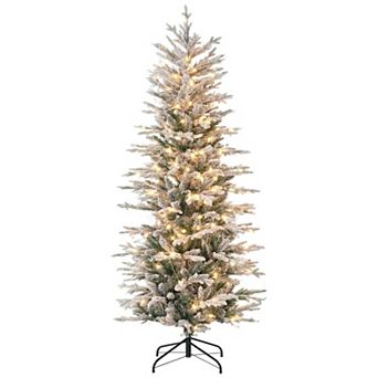 Prelit Snow Flocked Christmas Tree 6 Foot with 250 Warm Yellow Lights and Auto Open Branches