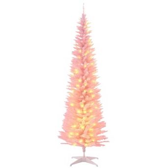 Pink Pencil Slim Christmas Tree 6 Foot with 200 Warm White LED Lights and Lifelike Tips