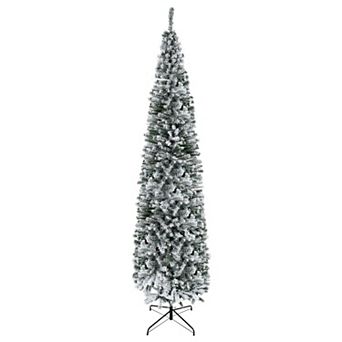 9 Foot Flocked Pencil Christmas Tree with Faux Snow and Foldable Metal Base for Indoors