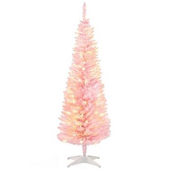 Prelit Pink Pencil Christmas Tree 5 Foot Slim Artificial Tree with 110 Warm White LED Lights