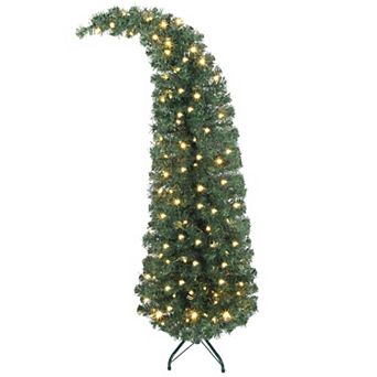 5 ft Prelit Slim Christmas Tree with 100 LED Lights Bent Top and Metal Stand for Small Spaces