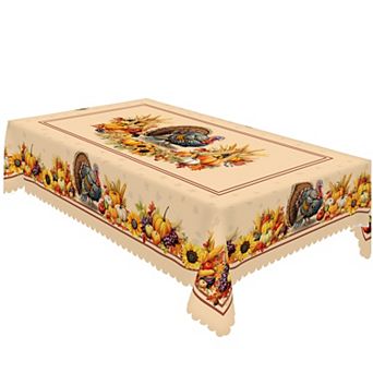 Thanksgiving Tablecloth,Harvest Turkey Print Tablecloth,Polyester Table Cover,Scalloped-Edge
