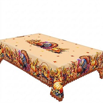 Thanksgiving Tablecloth,Harvest Turkey Print Tablecloth,Polyester Table Cover,Scalloped-Edge