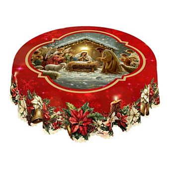 Christmas Print Tablecloth,Religious Table Decor,Polyester Table Cover, Durable And Washable