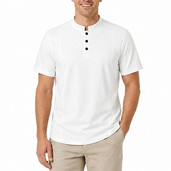 Men's Causal Henley Polo Shirt Short Sleeve Band Collar T-Shirt